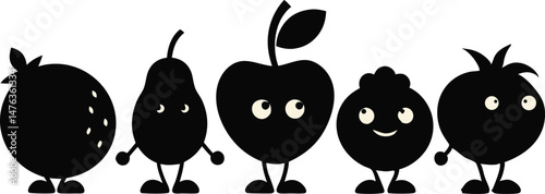 Black Silhouette Retro Fruit Characters Vector