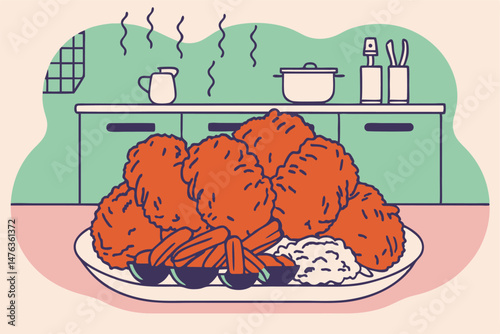 Fried chicken meal with sides presented on a plate in a kitchen setting