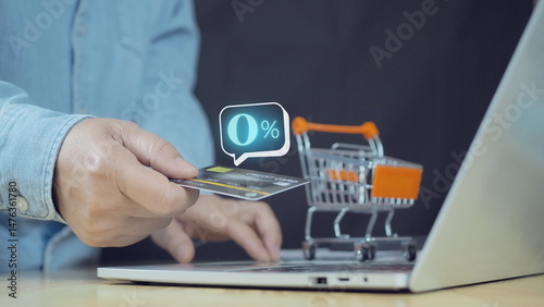 Canvas Print Zero percent rate in speech bubble appear when businessman using mobile smart phone and pay by credit card