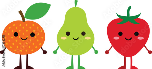 This healthy set of cartoon fruits and vegetables vector features a fun illustration with a sweet apple, pear, cherry, and orange among fresh, green produce, perfect for a vibrant food design