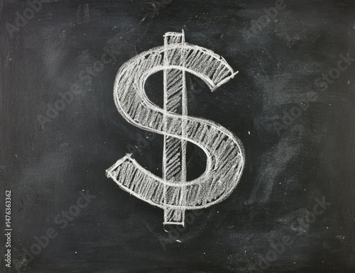 Hand-drawn dollar sign on a chalkboard.  A simple, stylized dollar symbol is sketched in white chalk on a dark gray chalkboard.  The lines are uneven, giving a hand-drawn look