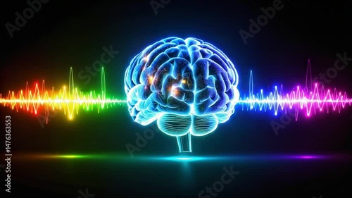 Vibrant digital representation of a brain with sound waves in a colorful background (1)
