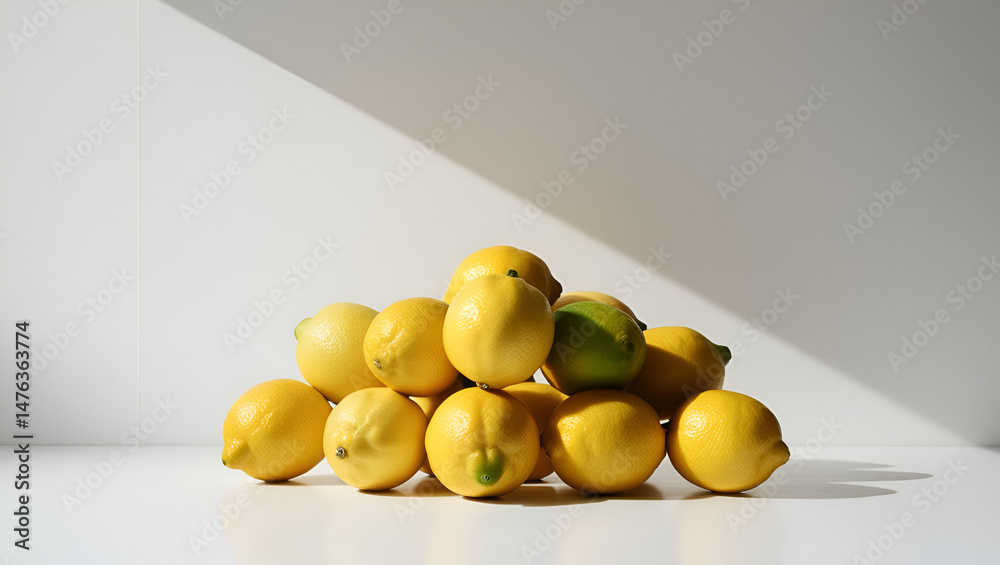 Creative composition of fresh yellow lemons isolated on a clean white background