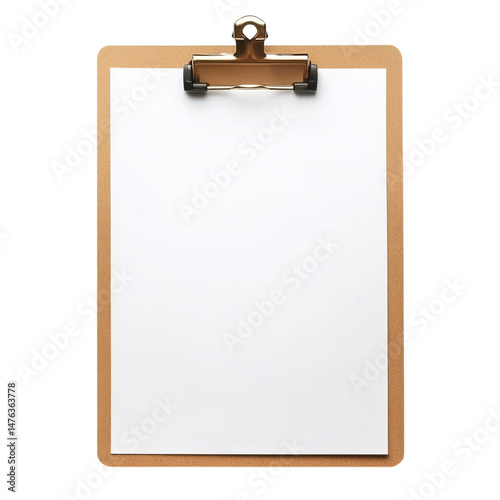 A blank white paper on an empty wooden clipboard with a clip, isolated on Png Format and Transparent Background