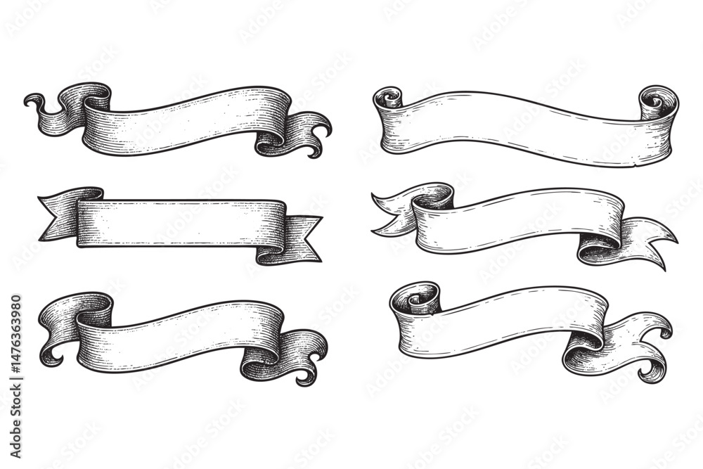 vintage ribbon set woodcut engraving vector illustration