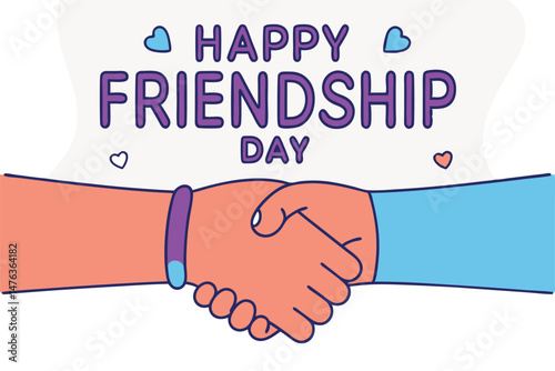 Happy friendship day illustration depicting two hands shaking with hearts and text