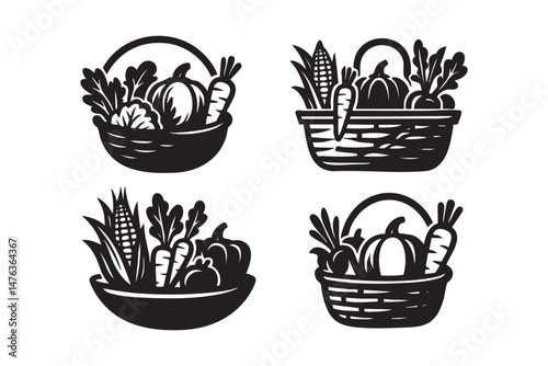 vegetable basket set woodcut engraving vector illustration