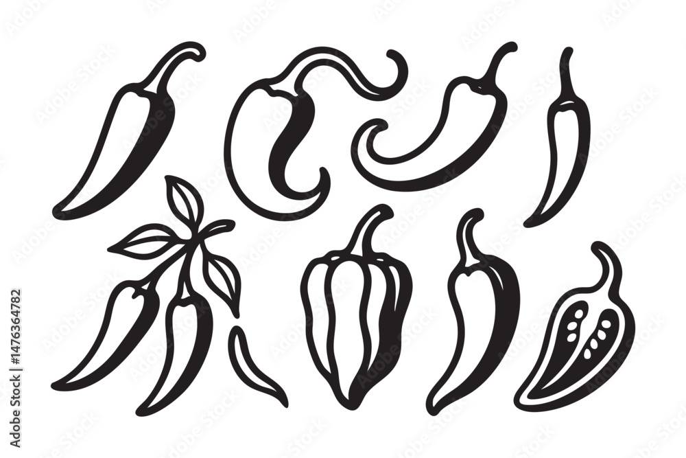 chilli papper set woodcut engraving vector illustration