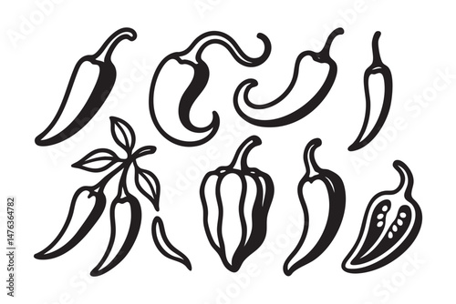 chilli papper set woodcut engraving vector illustration