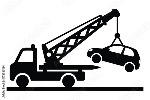 Car Tow Icon Silhouette Vector Illustration, Vehicle Towing Symbol Design.