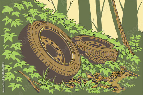 52 tires, old tires, discarded tires, car tires, rubber, nature, leaves, greenery, vegetation, overgrowth, abandoned, forest, green, lush, organic, texture, pattern, decay, dilapidated, recycled, eco-