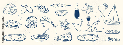Italian summer set. Hand drawn doodle greek seafood, coast sea elements for placard, Italy menu, poster. Coastal Greece foods, oyster, olive, lemon, coral, shell, bottle wine. Ink vector illustration.