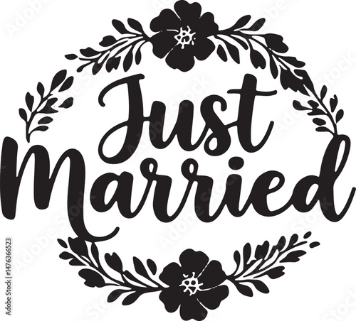 Vintage Just Married Calligraphy Design: Elegant Hand-Drawn Typography with Romantic Floral Accents, Perfect for Wedding Invitations, Marriage Celebrations, Greeting Cards, and Honeymoon Decorations, 