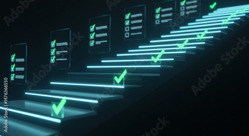Abstract staircase with floating checklists and green check marks, symbolizing progress and completion in a modern digital setting.