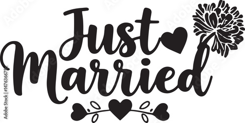 Vintage Just Married Calligraphy Design: Elegant Hand-Drawn Typography with Romantic Floral Accents, Perfect for Wedding Invitations, Marriage Celebrations, Greeting Cards, and Honeymoon Decorations, 