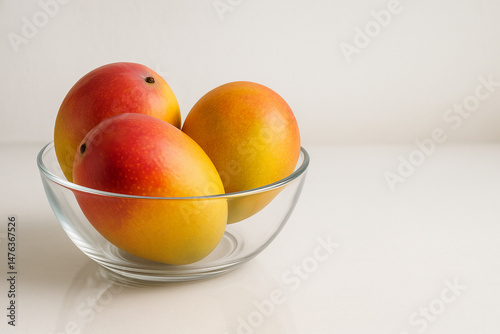 Fresh Ripe Mangoes in Clear Glass Bowl on White Background