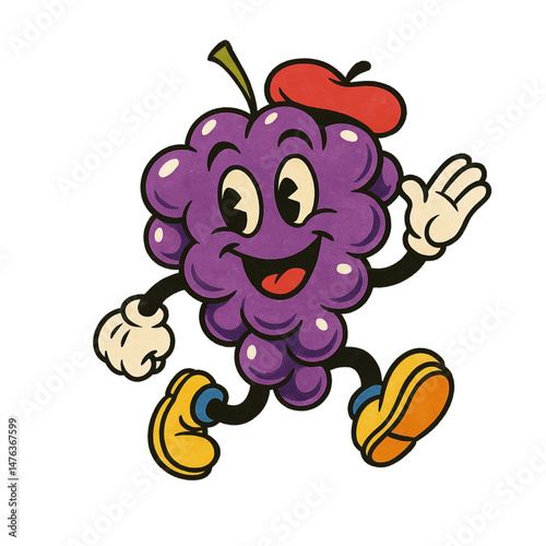 Cheerful cartoon grape character with a red hat, waving and walking in yellow shoes.