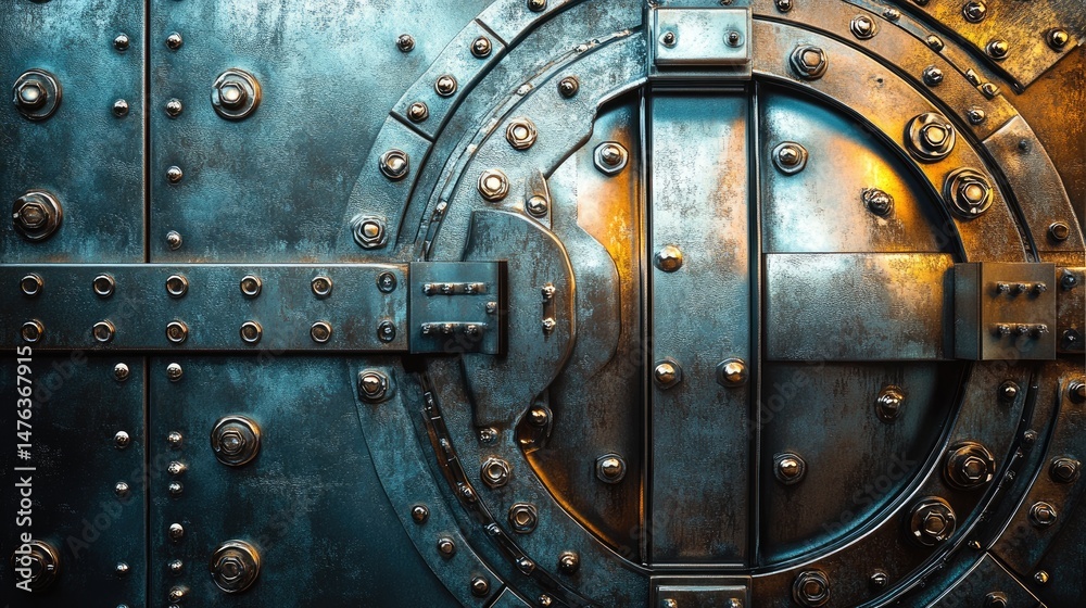 Naklejka premium Close-up view of a decorative, circular metal vault door.