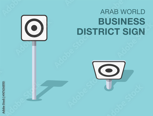 Traffic regulation rules. Isolated Arab world "business district" road sign. Front and top view. Flat vector illustration template.