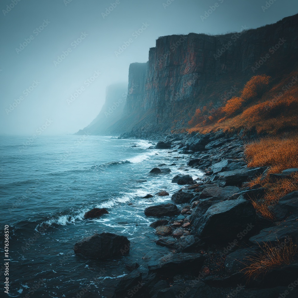 Obraz premium Misty Coastline: Rocky Cliffs Meet the Sea in Dramatic Scenery with Autumnal Hues in the Overcast Conditions
