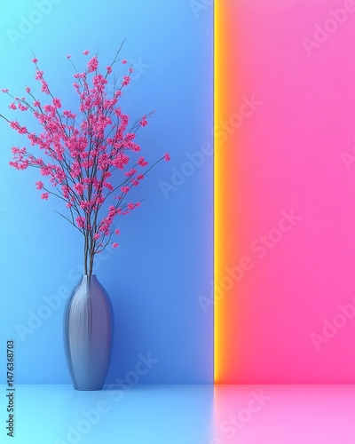 A vase with pink flowering branches is displayed beautifully against vibrant colors