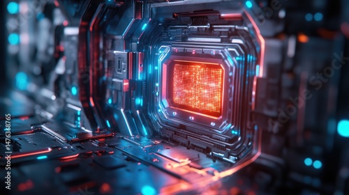 Close-up view of a futuristic technological system.