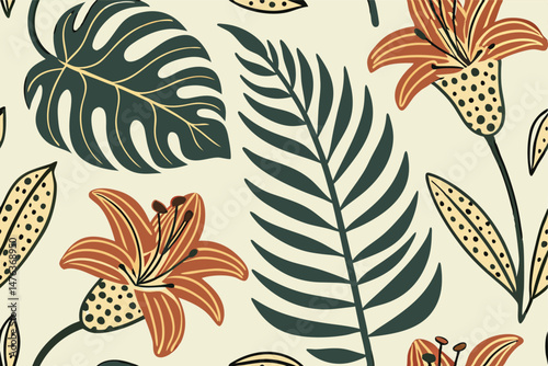Seamless floral pattern featuring stylized lilies, monstera leaves, and fern fronds in a repeating design.