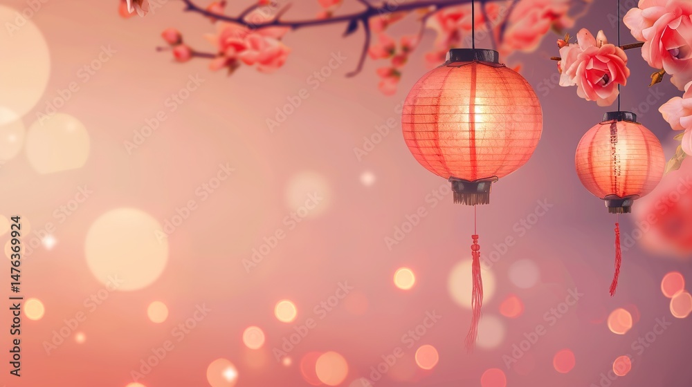 Obraz premium Rose Festival Lantern Background: Crimson Lanterns Mirror Flower Shadows, Weaving a Magnificent Scroll of the Dance between Glowing Lights and Fragrant Roses