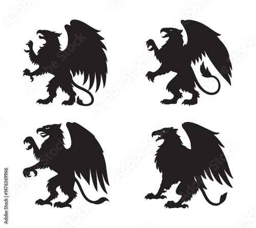 Silhouettes of mythical griffins in various poses for heraldry and design elements