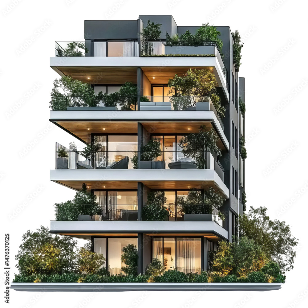 Fototapeta premium A modern apartment building with large balconies and plants on the balcony, Transparent Background Png Format file