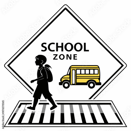 School Zone Sign with Child Walking and School Bus  