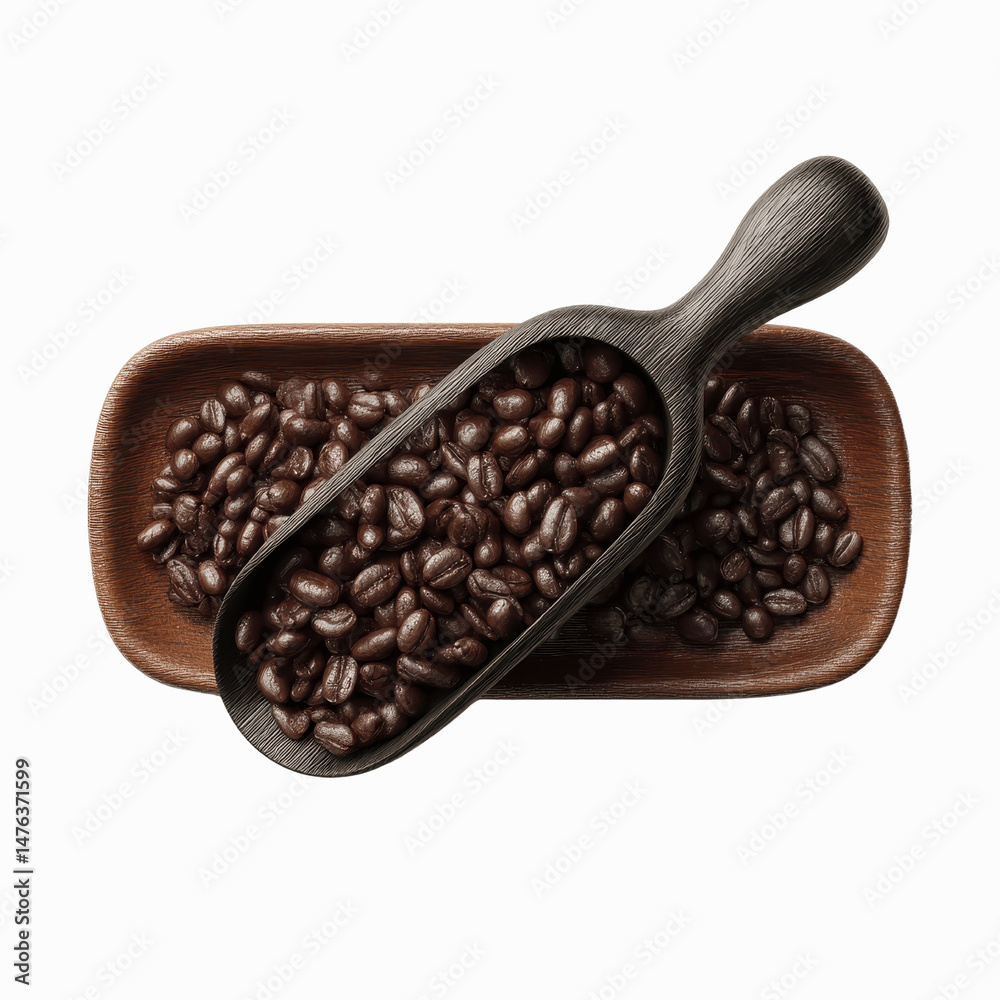 Fototapeta premium Aromatic Coffee Beans in Wooden Scoop and Tray