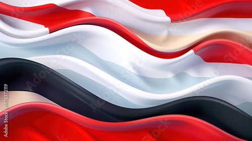 Yemen independence day celebration featuring waving national flag textures. Horizontal banner. Flag of Yemen. Yemen Unity Day. Copy space. Red-white-black background