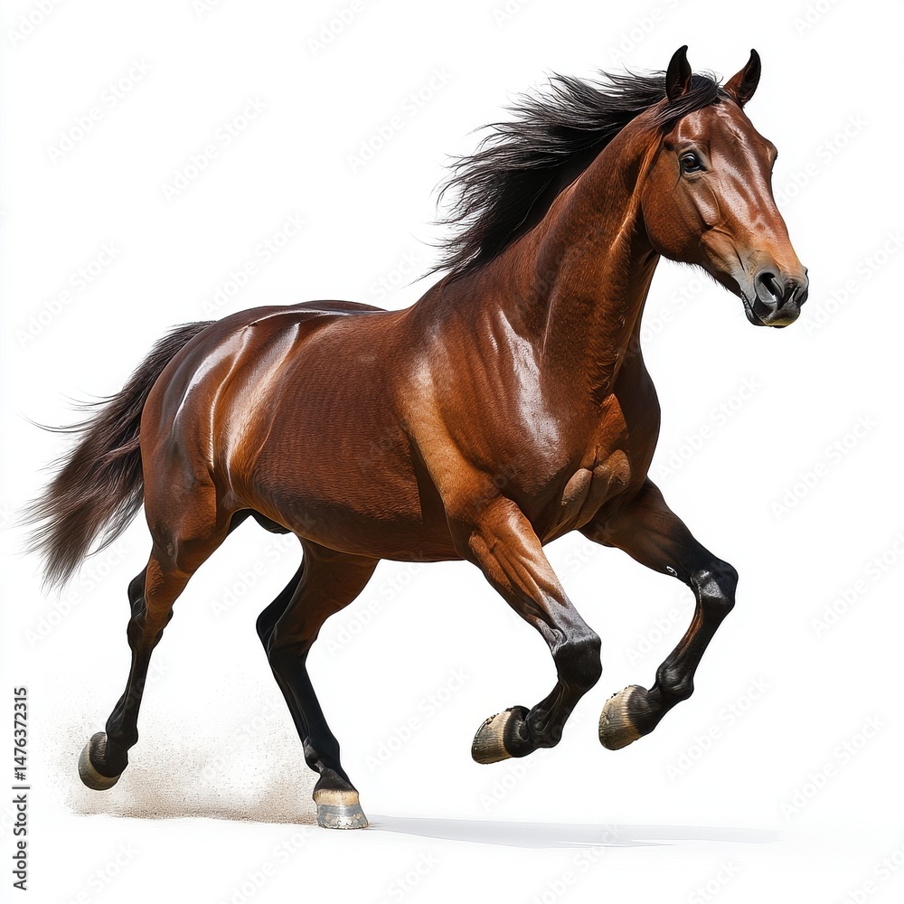 Obraz premium Dynamic Chestnut Horse Running Against White Background
