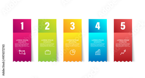 Colored stickers vector infographic design template. Five steps or options with icons and space for your data