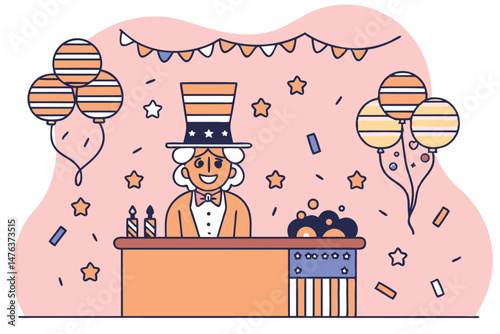 Uncle sam celebrating the fourth of july with festive balloons and decorations