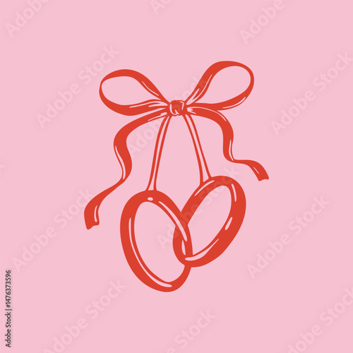 Interlocked hand drawn two wedding rings. Coquette whimsical bow ribbon sketch doodle vector illustration.Love Valentines day concept. Vintage invitation, bachelorette, engagement party design element