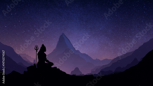 mahashivratri wallpaper, silhouette of Lord Shiva sitting in meditation on mount Kailash with crescent moon on his head and Trishula standing beside him