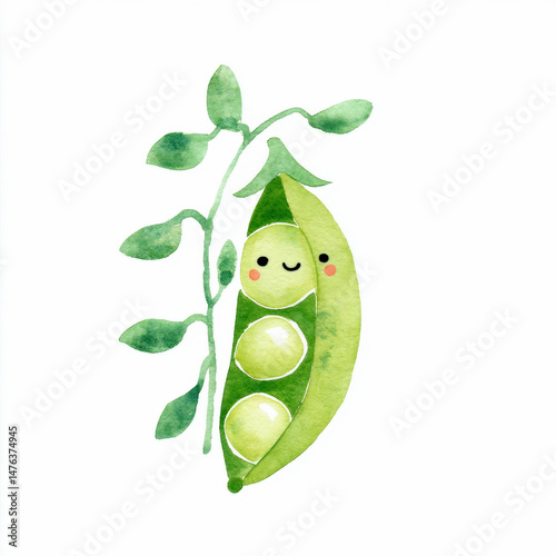 Cute watercolor pea pod with happy face for children's decor or greeting cards