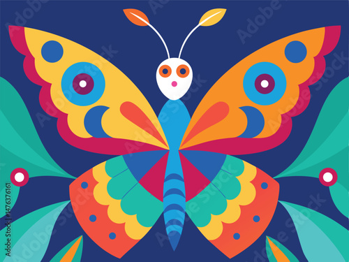 Vibrant colorful butterfly design with geometric shapes and bold lines on a dark blue background
