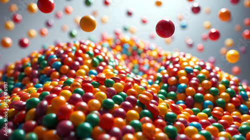 hills made of skittles candies, lots of colorful skittles candies laying around, lots of colorful skittles candies floating in the air, light background, photo realistic, hyper realistic, cinematic li