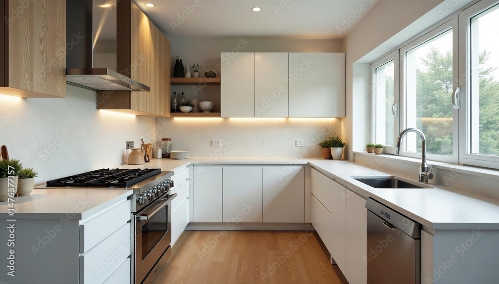 Fototapeta premium Modern kitchen renovation showcasing sleek cabinetry and stainless steel appliances Gleaming countertops and updated lighting , project, house