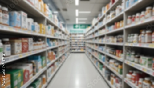 Aisles filled with rows of assorted healthcare products neatly arranged on shelves, creating order.