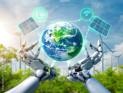 A pair of robotic hands holding the Earth with green energy symbols and solar panels around