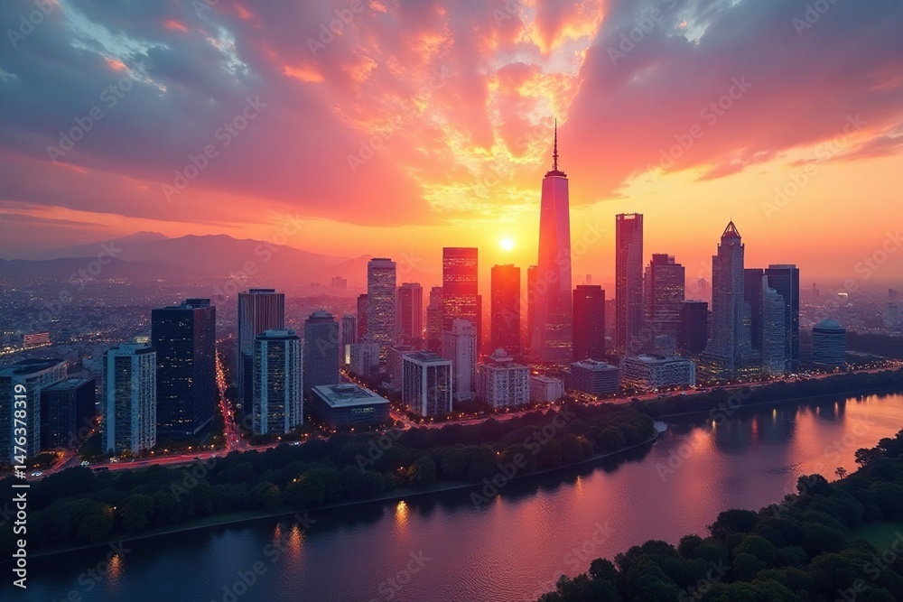 Obraz premium Modern cityscape skyline at sunset, reflecting success and growth , attractive, economy, innovation