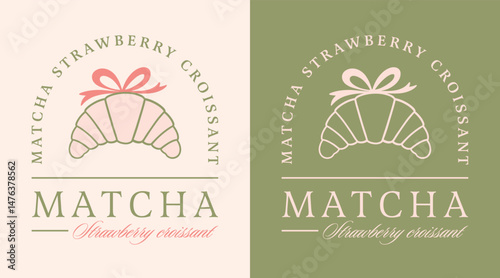Matcha strawberry croissant fruit green tea flavor organic Japanese French pastry lovers cute illustration. Kawaii fancy girly coquette retro aesthetic pastries bow poster print girl shirt design.