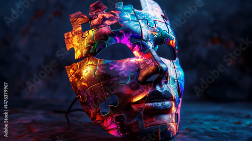 A surreal puzzle mask with fragmented yet interconnected pieces, glowing in a spectrum of radiant colors, representing the duality of chaos and unity