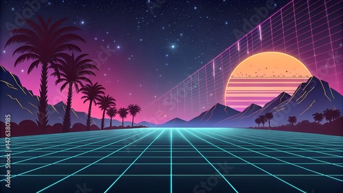 Retro Futuristic Landscape with Neon Grid, Palm Trees, and Sunset 1980s Synthwave Style photo