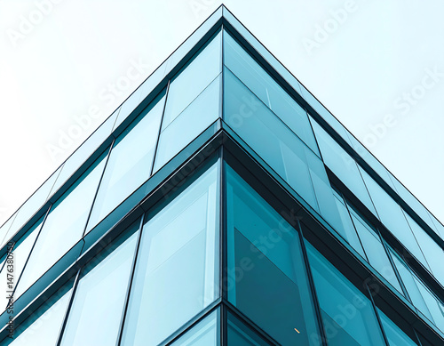 Modern glass building showcasing sleek lines and reflective surfaces, captured from a low angle against a clear sky