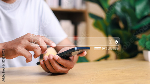AI search technology concept. Businessman touch search bar on virtual screen. Change online search with generative AI.